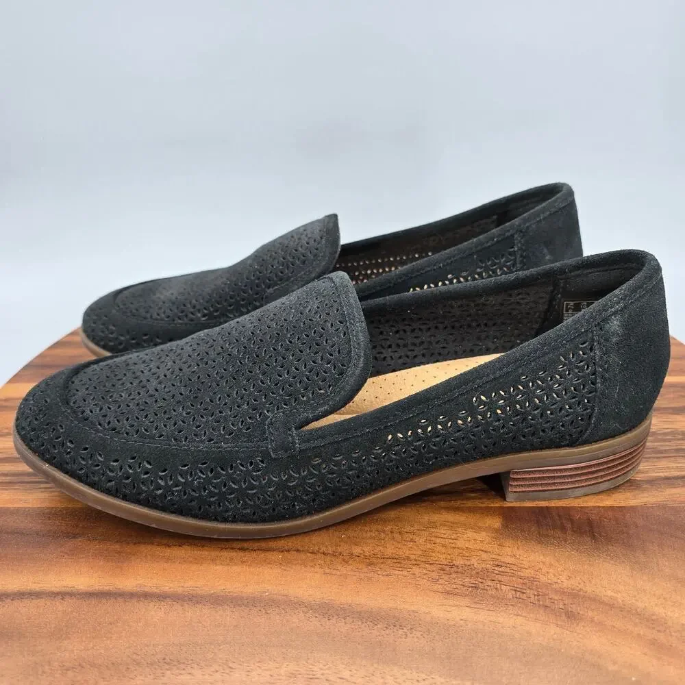 Clarks Shoes Women's 10 M Black Suede Leather Perforated Comfort Loafers Trish